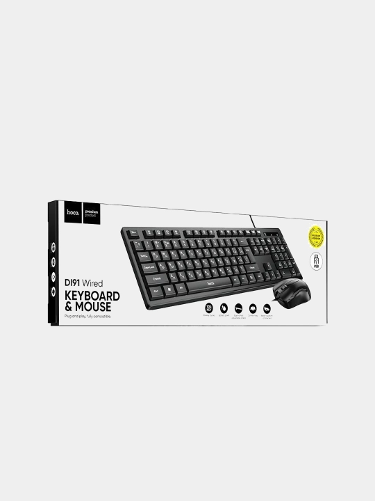 Simli klaviatura va sichqoncha to‘plami HOCO D91 USB to‘liq o‘lchamli, 1600dpi, qora