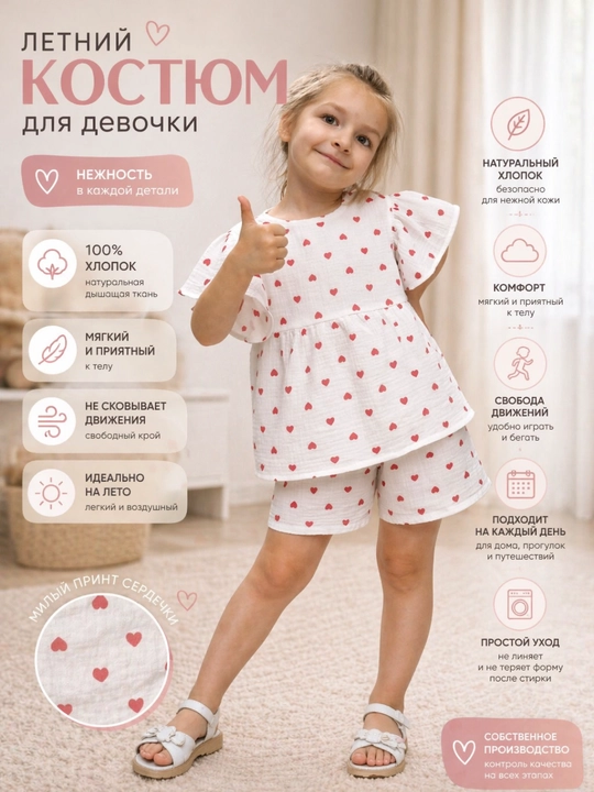 Детский летний костюм для девочки, муслин, комплект футболка шорты, хлопок 1-5 лет - 