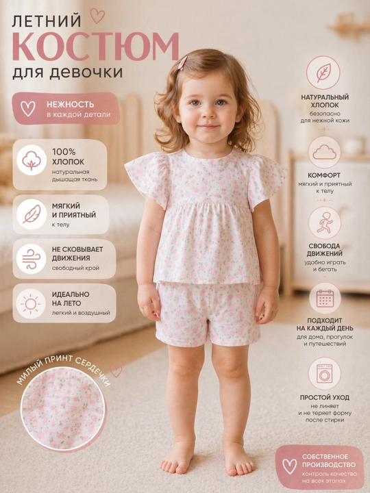 Детский летний костюм для девочки, муслин, комплект футболка шорты, хлопок 1-5 лет - 