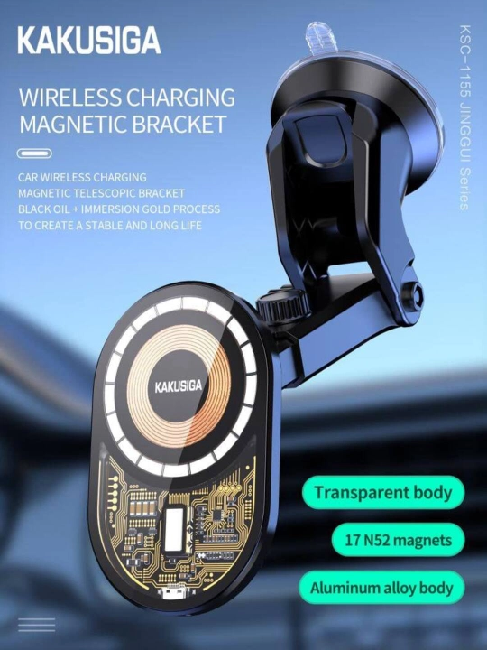 Держатель авто (GM) Kakusiga KSC-1155, wireless charger, 15W, на панель / стекло, Black