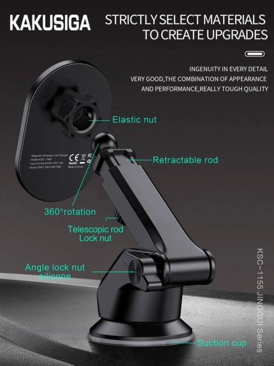 Держатель авто (GM) Kakusiga KSC-1155, wireless charger, 15W, на панель / стекло, Black