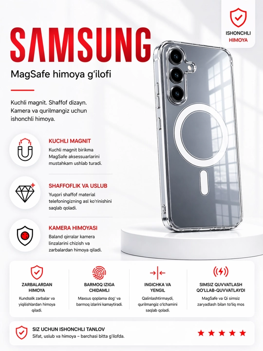 Прозрачный чехол SAMSUNG MagSafe для моделей A16,17,A37,A56,S21 ultra,S22 ultra,S26 ultra - 