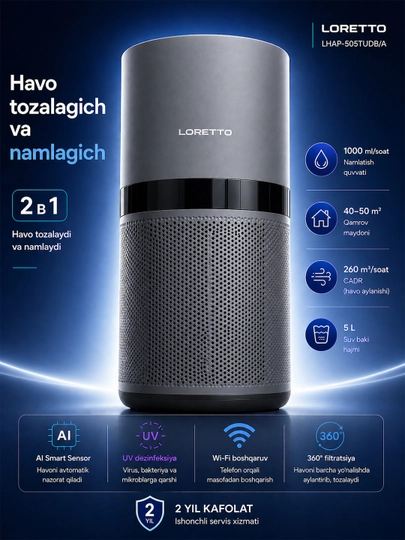 LORETTO LHAP-505 очиститель и увлажнитель воздуха 2-в-1 с HEPA, Wi-Fi, UV — LORUZ-LHAP505-СЕРЫЙ