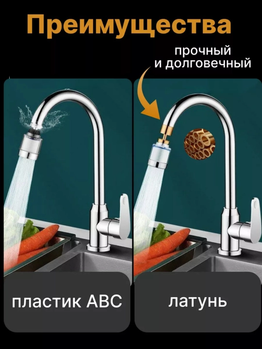 Фильтр для воды на кран, металлический, 360°, аэратор, 5 фильтров, для кухни и ванной