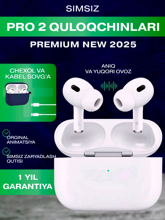 Simsiz quloqchinlar Pods Pro 2, sensorli, iPhone va Android uchun naushnik - 
