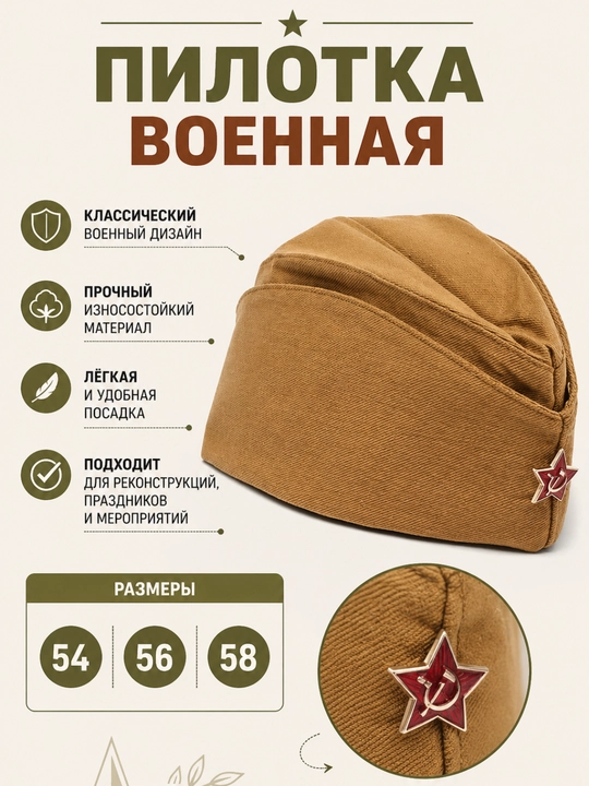 Пилотка военная, солдатская, с металической звездой, размер 54, 56, 58 - 