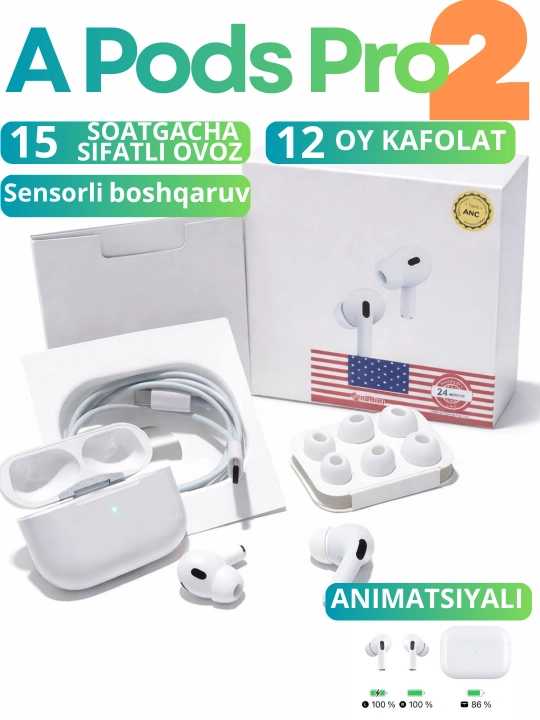 A Pods Pro 2 simsiz, Bluetooth, naushnik, Sensorli. iOS va Android uchun mos quloqchinlar - 