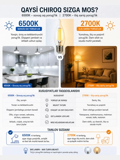 LED, filament, lampa, TESS C35 sham, patron-E27, 4W 2700K/6400K dekorativ lyustra uchun