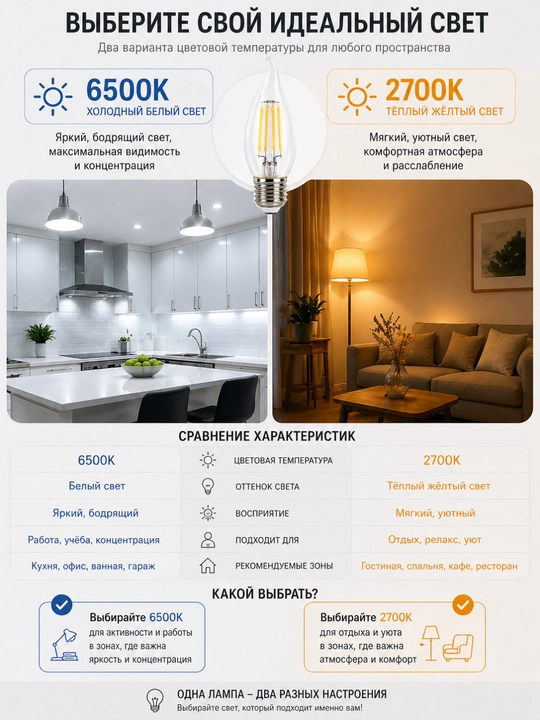LED, filament, lampa, TESS C35 sham, patron-E27, 4W 2700K/6400K dekorativ lyustra uchun