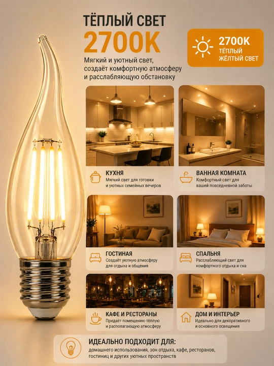LED, filament, lampa, TESS C35 sham, patron-E27, 4W 2700K/6400K dekorativ lyustra uchun