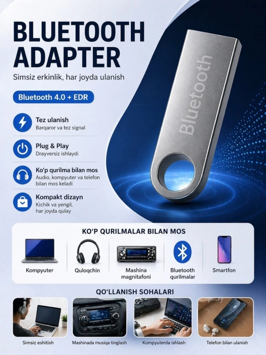 Bluetooth adapter, Plug & Play, kompyuter va avtomobil uchun - 