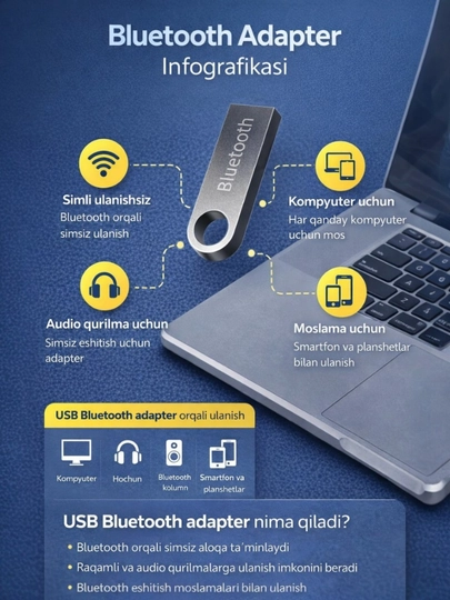 Bluetooth adapter, Plug & Play, kompyuter va avtomobil uchun