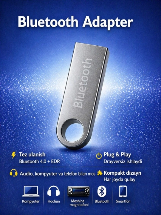 Bluetooth adapter, Plug & Play, kompyuter va avtomobil uchun