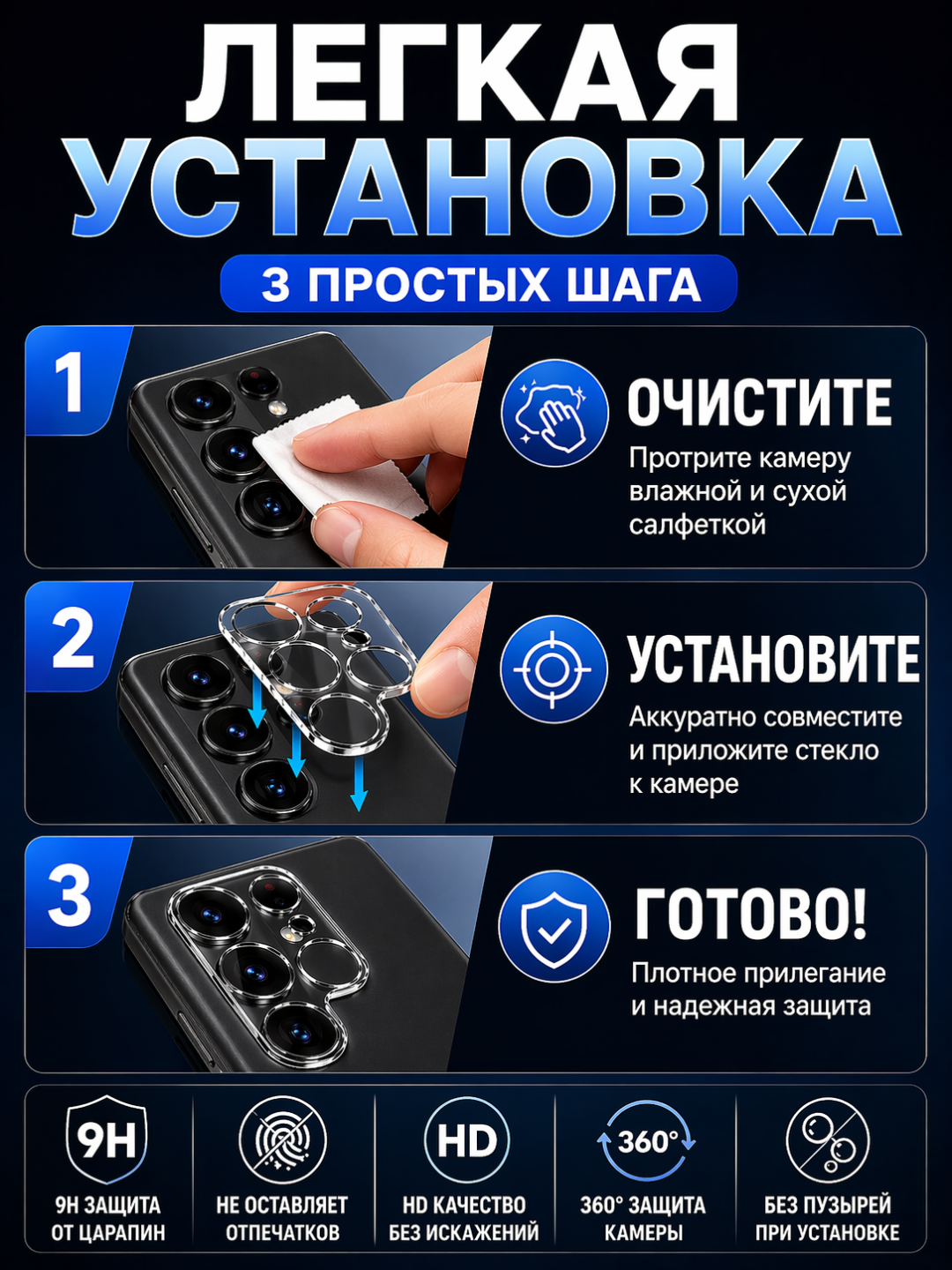 Защитное стекло камеры Samsung S21–S26 Ultra, 9H, HD, антицарапинное