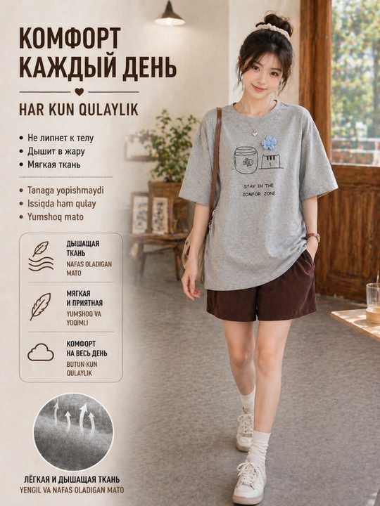 Oversize futbolka, printli futbolka, 100% paxta, koreys uslubi, Y2K uslubi