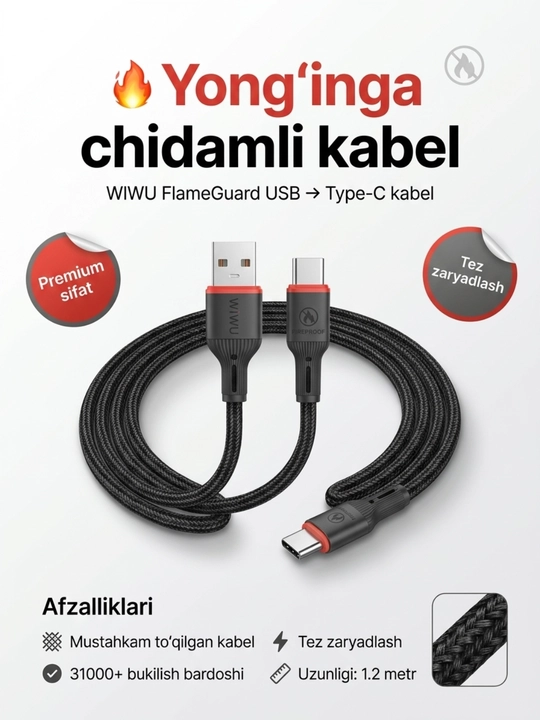 Кабель USB Type-C, кабель для быстрой зарядки, кабель Wiwu, зарядный кабель 