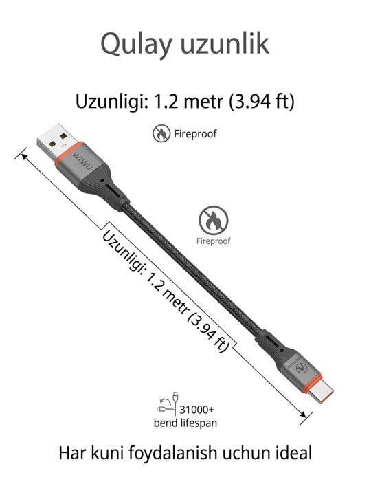 Кабель USB Type-C, кабель для быстрой зарядки, кабель Wiwu, зарядный кабель 