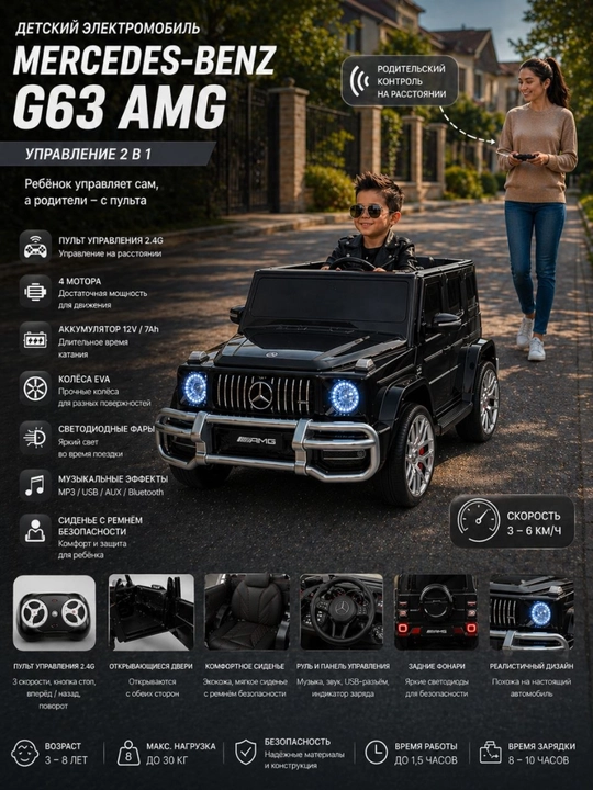 Детский электромобиль Mercedes-Benz G63 AMG с пультом управления 4 мотора аккумулятор 12V - 
