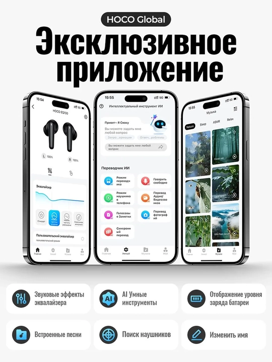 Simsiz quloqchinlar Hoco EQ100, AI tarjimon, Bluetooth 5.4 ANC+ENC shovqinni cheklash