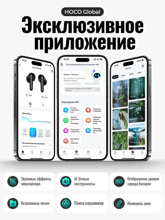 Simsiz quloqchinlar Hoco EQ100, AI tarjimon, Bluetooth 5.4 ANC+ENC shovqinni cheklash