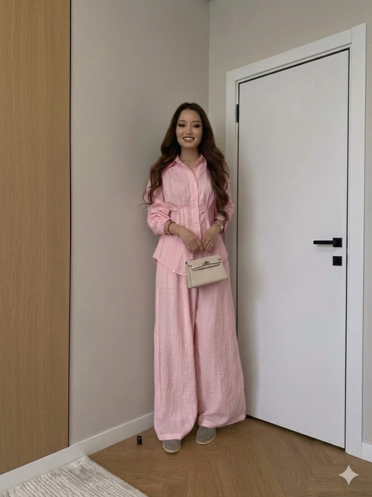Ayollar yozgi kostyumi, palatsso shimi va ko‘ylakli, bayramona va ofis uchun mo‘ljallangan