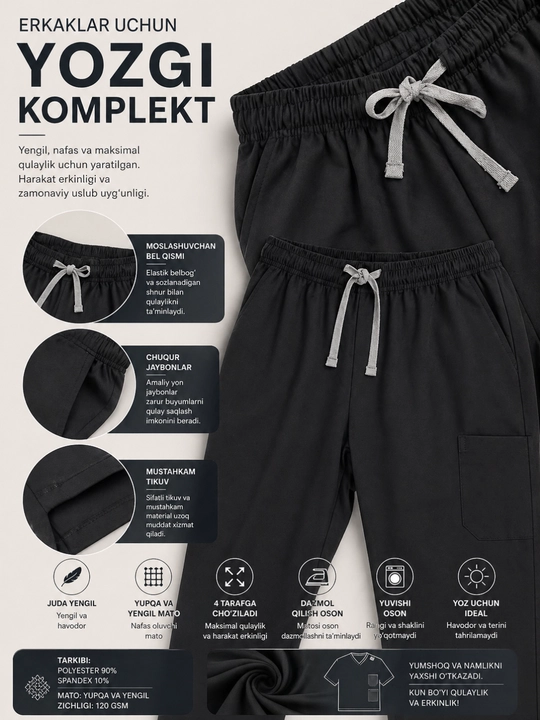 Erkaklar uchun tibbiy forma – zamonaviy, yengil va qulay kundalik ish kiyimi