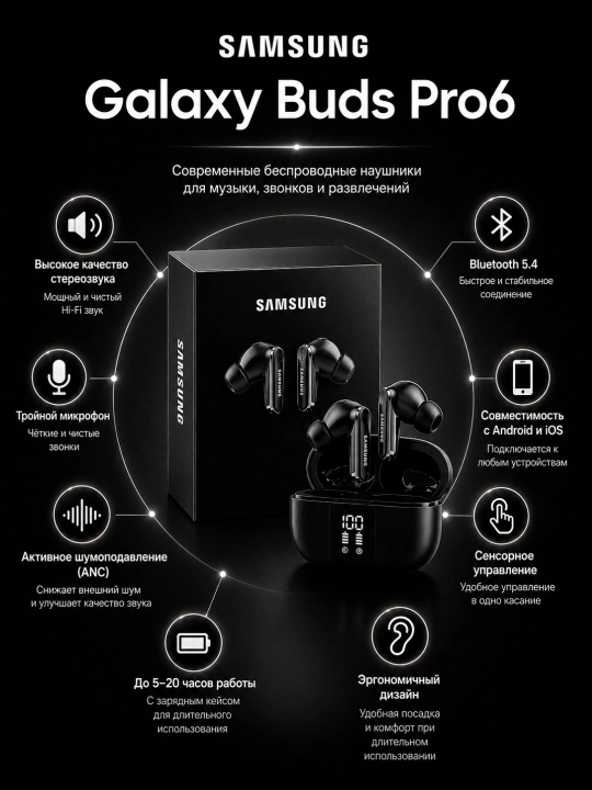 Samsung Galaxy Buds Pro6 simsiz Bluetooth naushnik, ANC, sensor boshqaruv