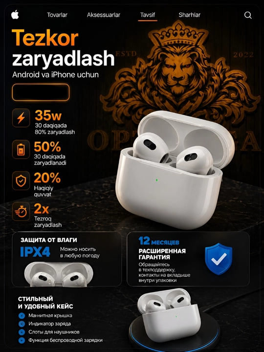 A.Pods 3 simsiz quloqchinlar, Hi-Fi ovoz, sensorli, iOS/Android mos OPTMEGA