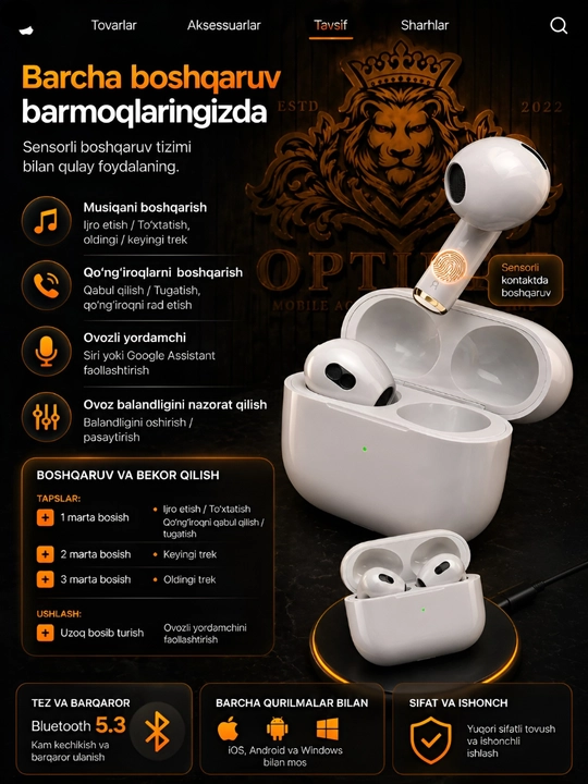 A.Pods 3 simsiz quloqchinlar, Hi-Fi ovoz, sensorli, iOS/Android mos OPTMEGA