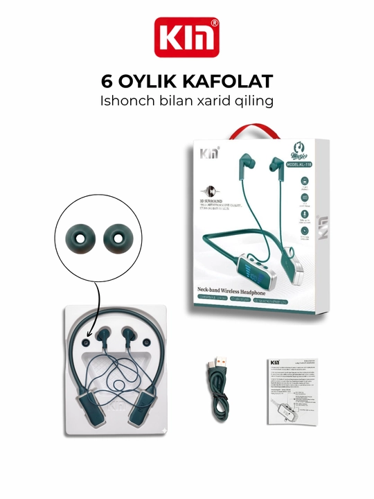 Simsiz quloqchin KIN KL50/118 Bluetooth 5.4, LED displey, 400 mAh batareya, TF-karta