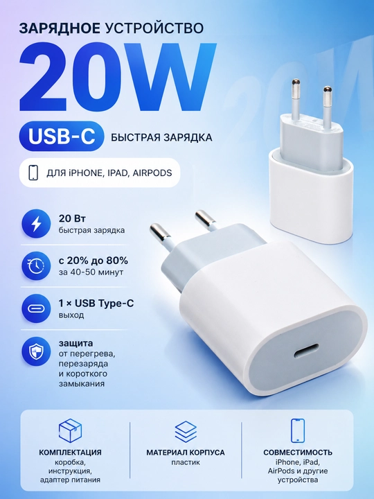 Зарядное устройство для iPhone, 20 Вт USB Type-C быстрая зарядка, адаптер, блок питания - 