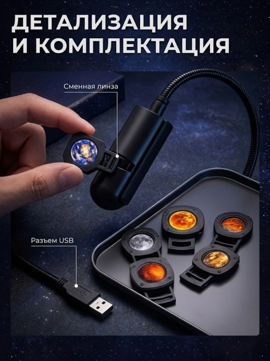 Космический LED-проектор с 10 сменными линзами, ночник планет, USB, для комнаты и подарка