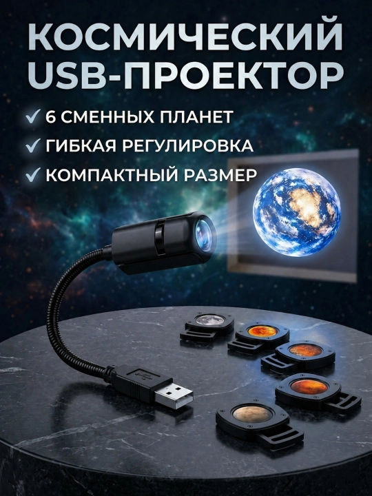 10 ta almashtiriladigan linzali kosmik LED proyektor, sayyoralar tungi chirog‘i, USB, xona uchun va sovg‘a - 