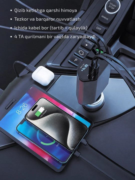 Avtomobil zaryadlovchi 120W voltmetrli, ichki Type-C va Lightning kabelli