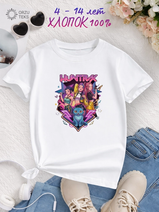 Qizlar uchun HUNTRIX, ROBLOX, STICH, MINECRAFT,  printli futbolka, paxta, ORZU-TEKS - 