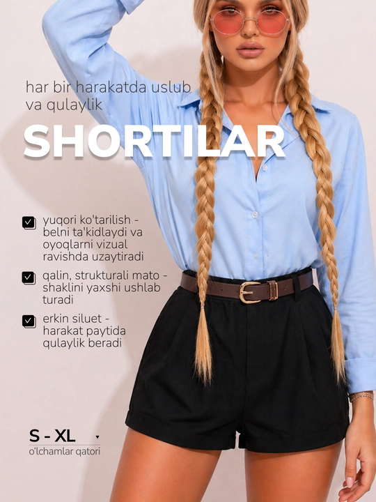 Ayollar uchun klassik yozgi shortilar, baland bel, ofis uslubi, buklamali - 