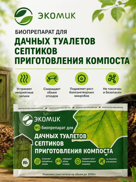 Ekomik yozgi hojatxonalari va septiklari uchun biopreparat, kompost uchun, 80 g - 