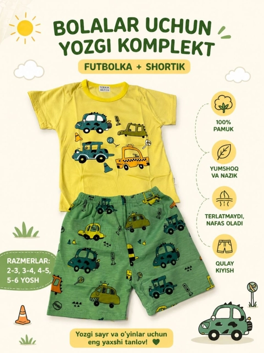 O`g`il va qiz bolalar uchun futbolka va shortik to‘plami, uy kiyimi pijamasi
