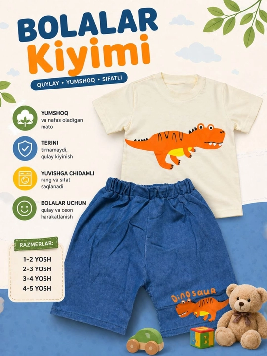 O`g`il va qiz bolalar uchun futbolka va shortik to‘plami, uy kiyimi pijamasi