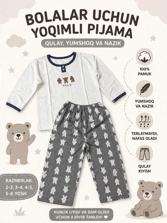 O`g`il va qiz bolalar uchun futbolka va shortik to‘plami, uy kiyimi pijamasi