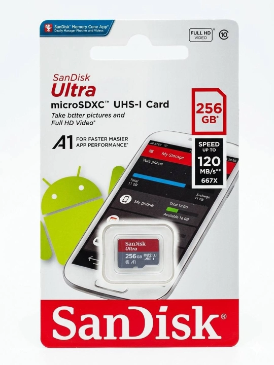 SanDisk Flesh-karta Ultra Micro SD, 16/ 32/ 64/ 128/ 256/ 512 GB