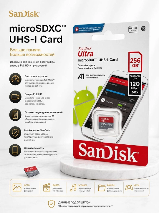SanDisk Flesh-karta Ultra Micro SD, 16/ 32/ 64/ 128/ 256/ 512 GB - 