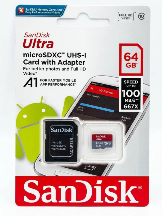 SanDisk Flesh-karta Ultra Micro SD, 16/ 32/ 64/ 128/ 256/ 512 GB