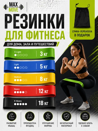 Фитнес резинки для ног и ягодиц, набор эспандеров 5 штук, для йоги и тренировок — MAXMOVE-FITNESS-ШОКОЛ