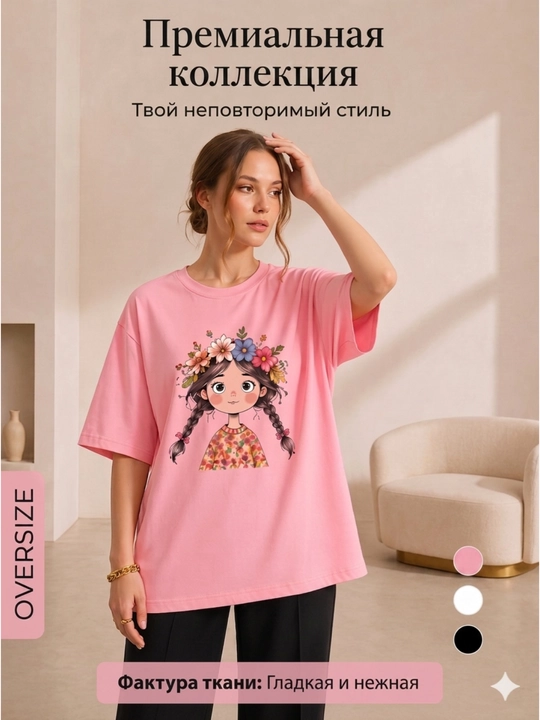 Ayollar futbolkasi, printli, keng fason, oq/pushti/qora, 9 tur, M-XL