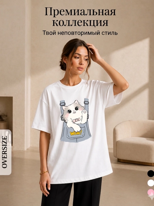 Ayollar futbolkasi, printli, keng fason, oq/pushti/qora, 9 tur, M-XL