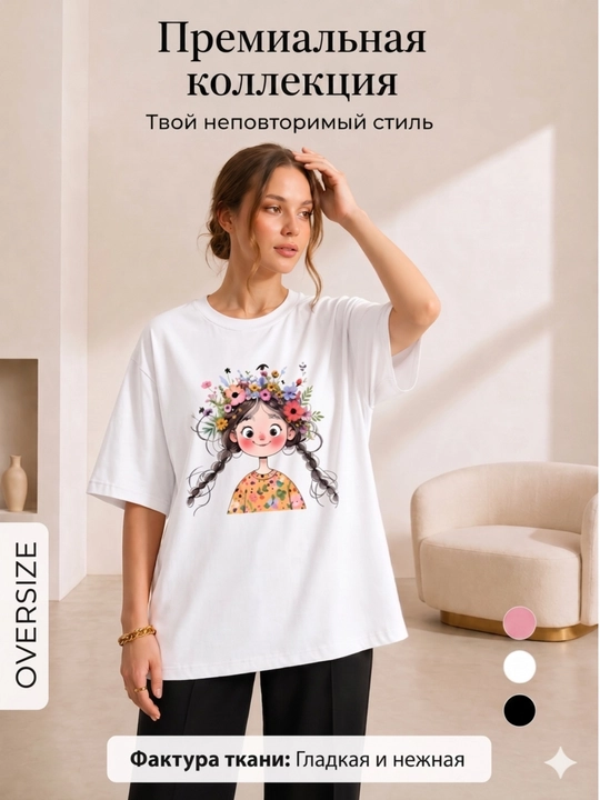 Ayollar futbolkasi, printli, keng fason, oq/pushti/qora, 9 tur, M-XL
