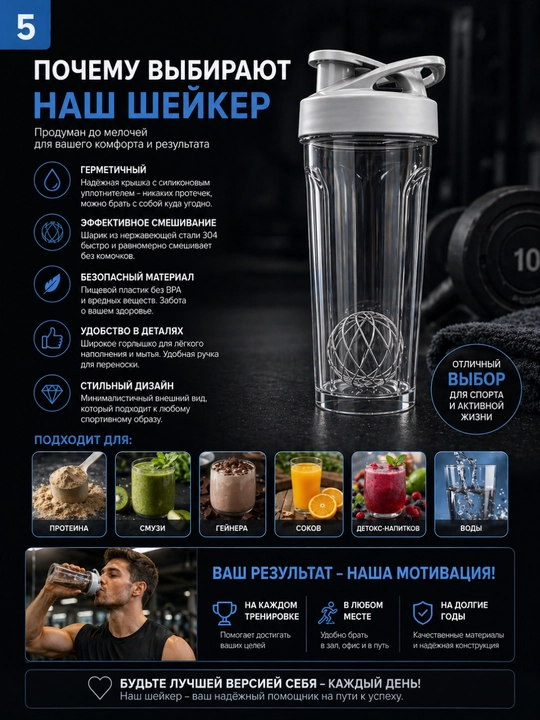 Protein va kokteyllar uchun qopqoqli sport sheykeri, germetik shisha