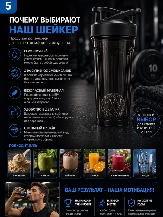 Protein va kokteyllar uchun qopqoqli sport sheykeri, germetik shisha