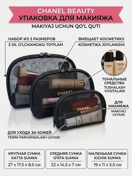 Набор косметичек Chanel Beauté из сетчатой ​​ткани, органайзер, косметичка - 